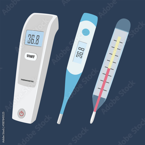 Digital and mercury thermometer vector set. Medical equipment clipart in cartoon style isolated on white background. Thermometer flat vector set.