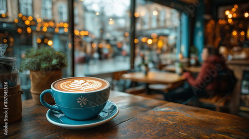 A cozy cafe scene with a beautifully crafted latte in a blue cup, set against a warm, blurred background of lights and a rainy day.