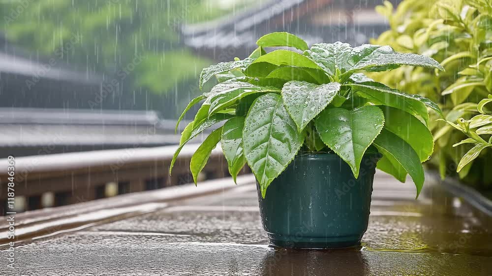 It's raining, potted plant with raindrops on leaves standing on wooden table in garden.