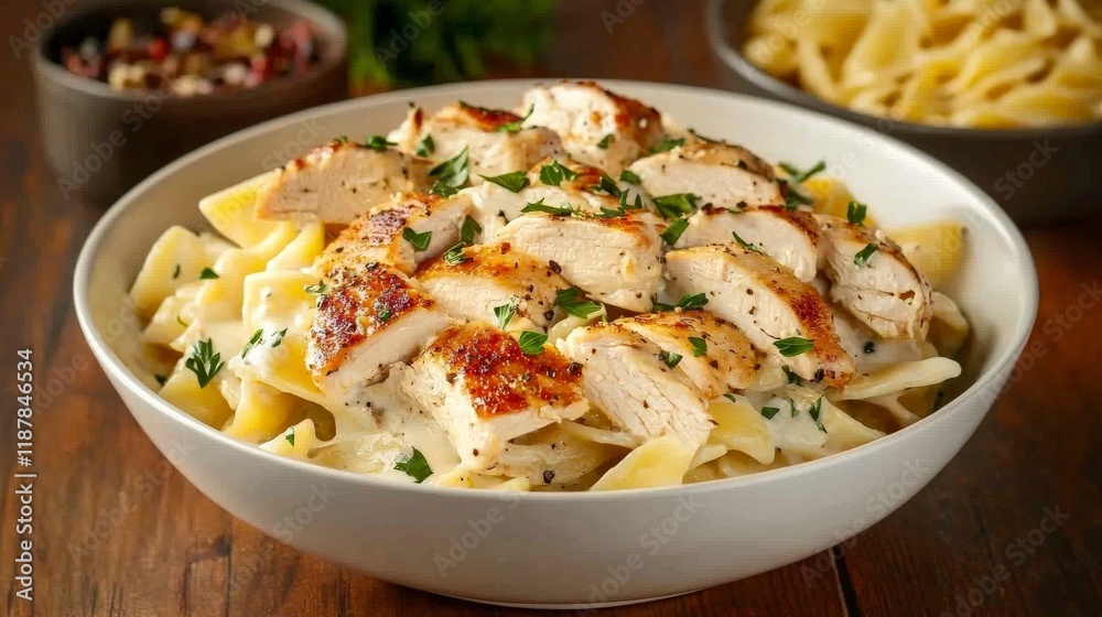 Succulent grilled chicken breast served on creamy pasta with herbs and spices, perfect for a delicious meal Succulent grilled chicken breast served on creamy pasta with herbs and spices, perfect for a delicious meal