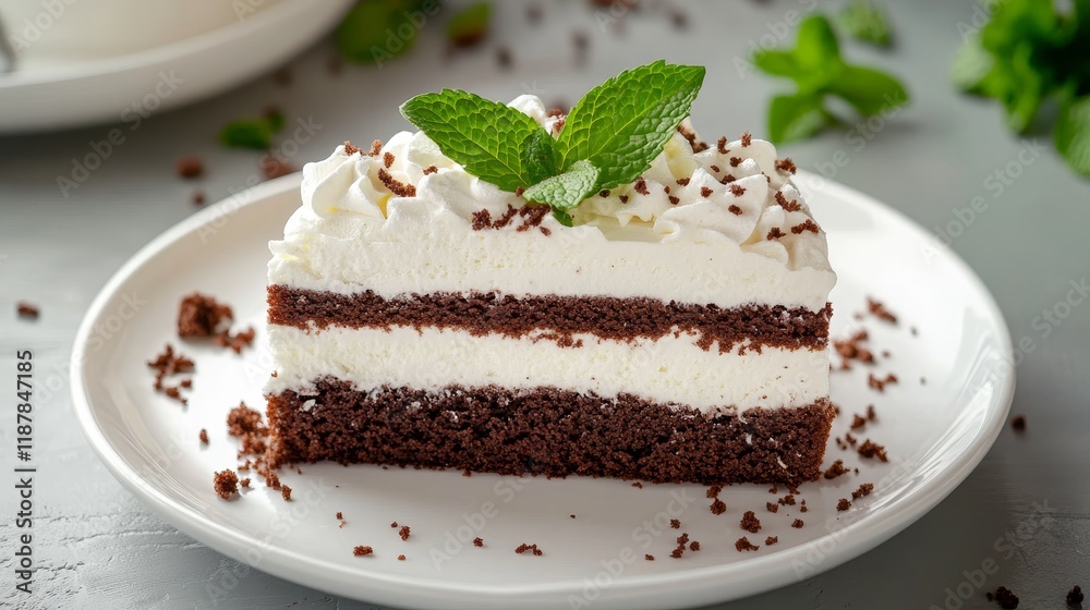 Chocolate cream cake slice with whipped topping and mint garnish Chocolate cream cake slice with whipped topping and mint garnish