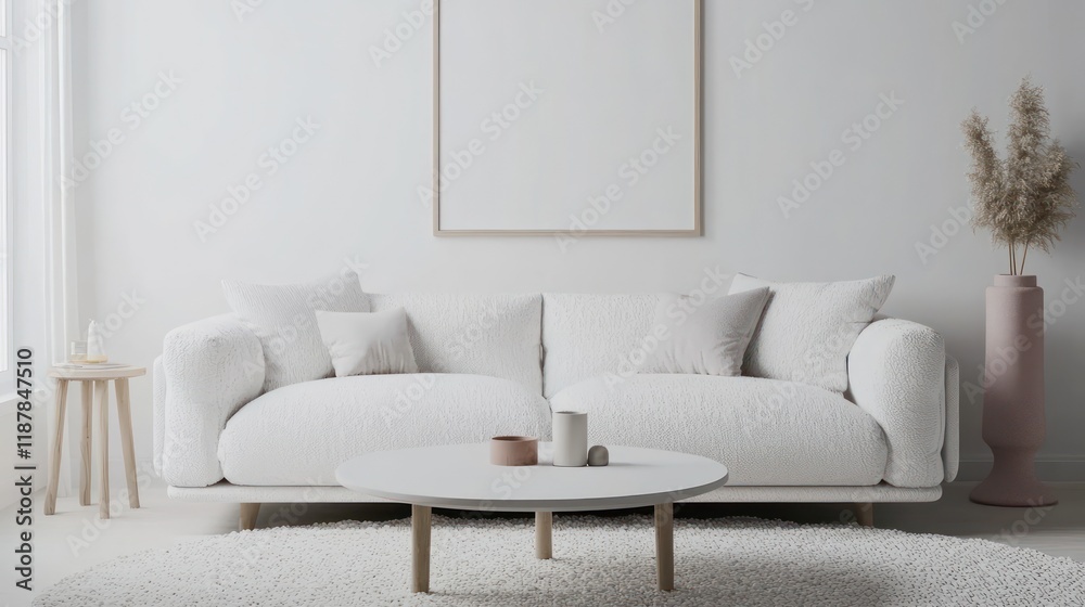 Fototapeta premium Elegant Scandinavian living space with white chaise, wooden table, and floating 3D frames.