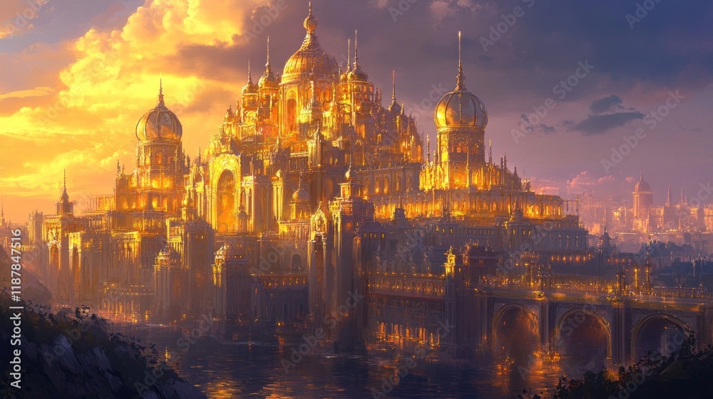 Obraz premium The magnificent golden palace glows with opulence, its architectural splendor highlighted against a picturesque backdrop of a twilight sky