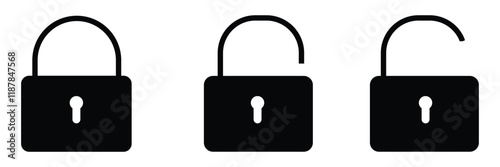 Lock icon collection. Locked and unlocked black line icon set. Flat security symbol. Vector illustration. 