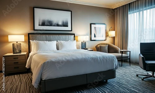 A modern hotel room featuring a large bed, a cozy armchair, and large windows with sheer curtains, creating a welcoming atmosphere for relaxation.