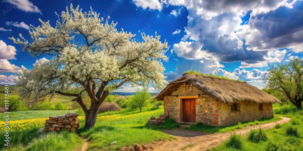 Adobe Hut Food Photography: Rustic Tile Roof, Blooming Tree, Green Field, Blue Sky Adobe Hut Food Photography: Rustic Tile Roof, Blooming Tree, Green Field, Blue Sky