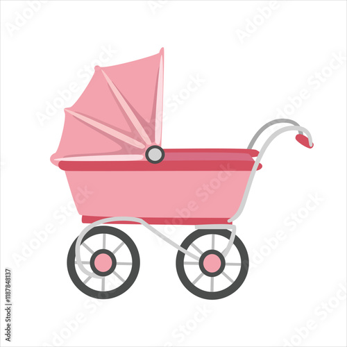 Baby stroller vector in cartoon style. Pink stroller clipart in flat design isolated on white background. Baby shower, baby element.