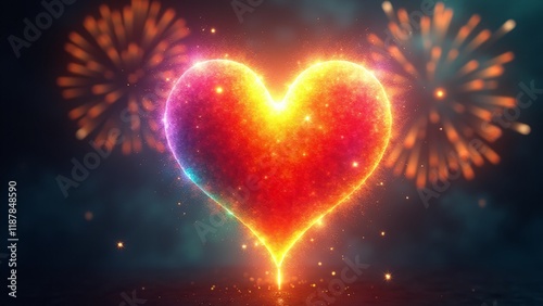 A heart transforming into a rainbow, bursting with vibrant colors and surrounded by fireworks and stars. The design symbolizes euphoric energy, joy, and moments of ecstatic happiness.