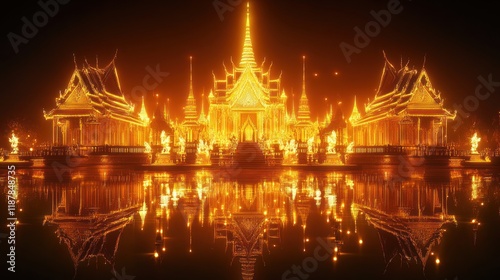 Two neon-illuminated Thai palaces in vivid gold tones, symmetrically positioned with intricate spires and gables, glowing on a golden backdrop