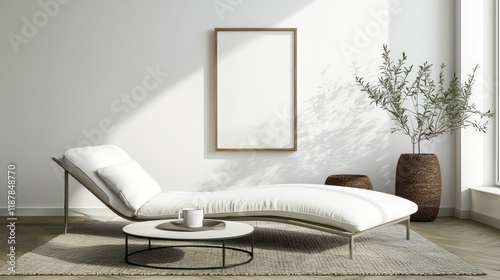 Elegant design featuring a sculptural chair with dual mockup frames enhancing the space. photo