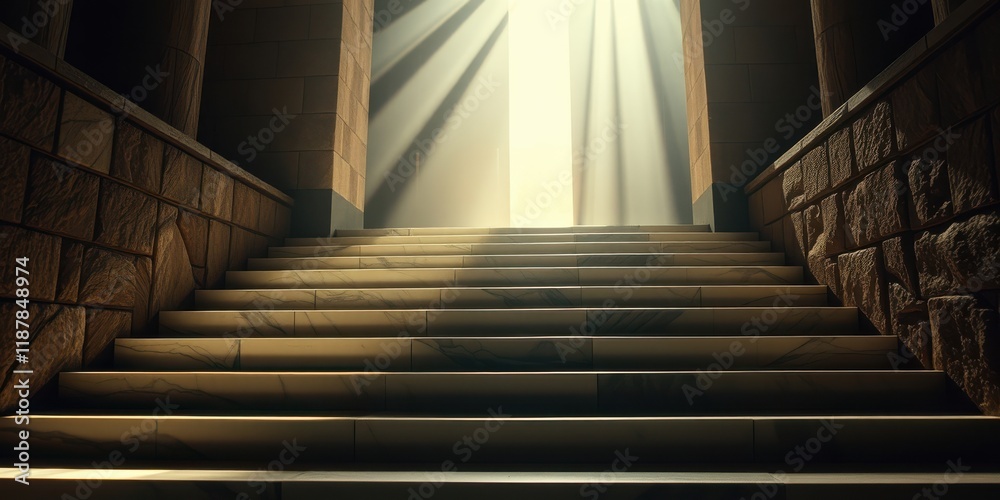 Fototapeta premium A Stairway Leading Towards an Ethereal Light Shining Through a Doorway in an Ancient Stone Structure
