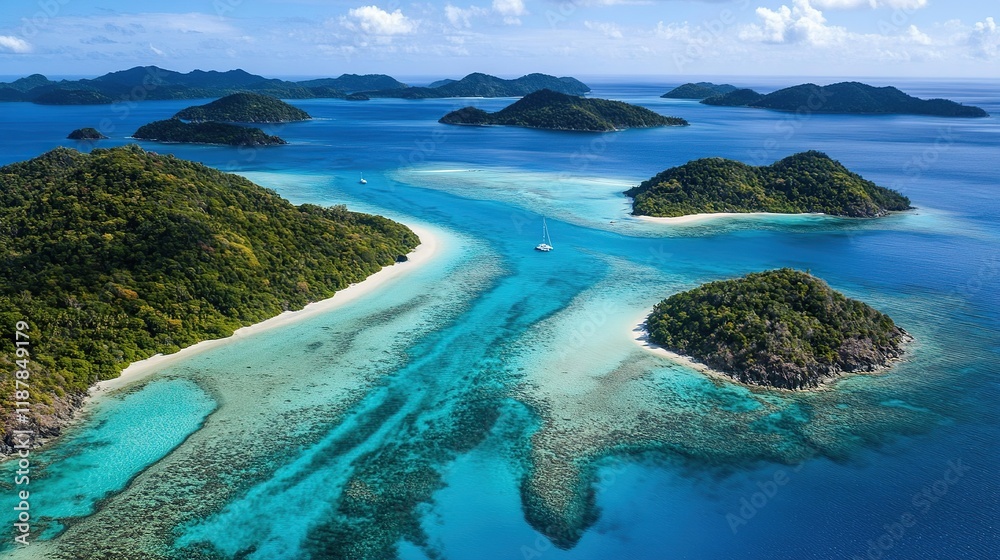 Obraz premium Aerial view of tropical islands, turquoise water, sailboat, and coral reefs.