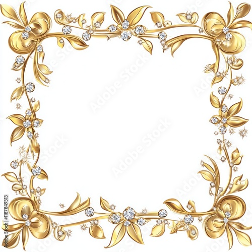 Gold floral border with gems on white background, for layouts and picture frames
