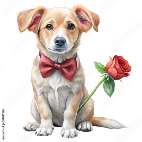 Cute dog with a bow around its neck standing next to a rose. Clipart Watercolor