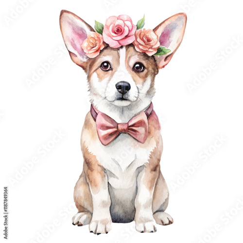 Cute dog with a bow around his neck and a flower crown. Clipart Watercolor