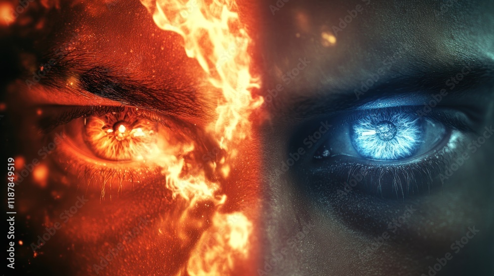 Fiery and icy eyes, split face, duality concept. Fiery and icy eyes, split face, duality concept.
