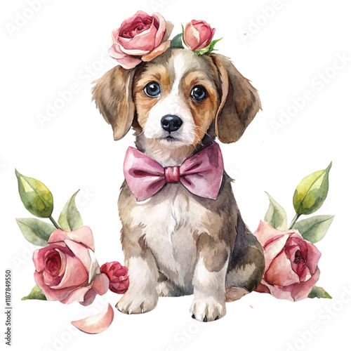 A dog with a bow around its neck stands next to a rose. Clipart Watercolor