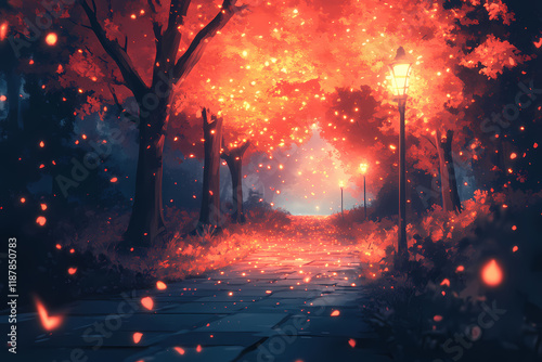 A glowing digital forest with bio-luminescent trees and neon pathways, symbolizing harmony between nature and technology