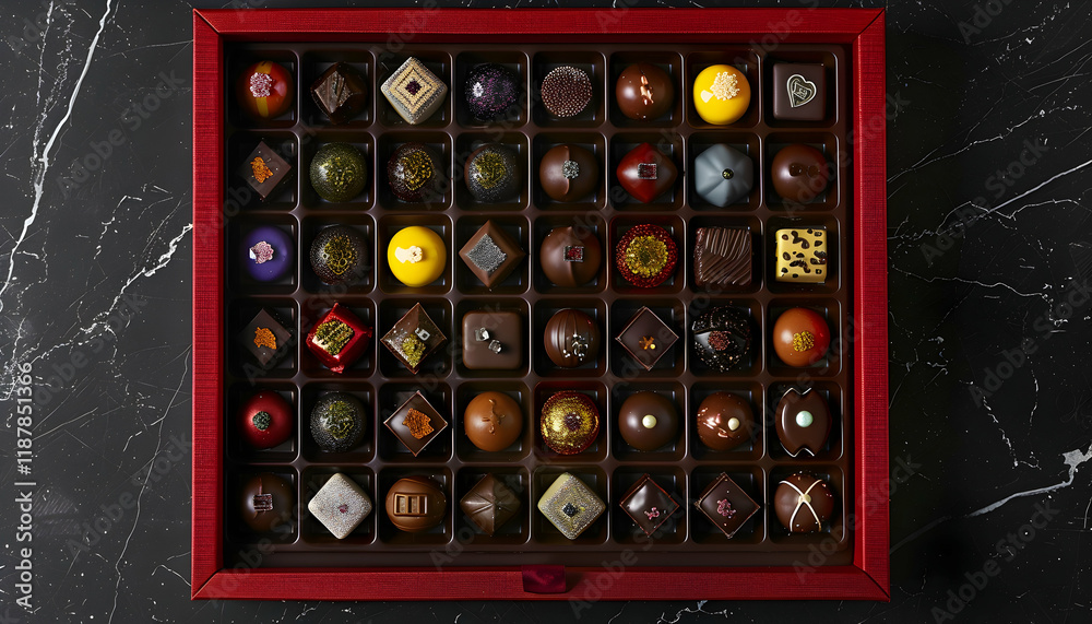 Photo Assorted Gourmet Chocolate Candy Box Red Gift Confectionery Treat Dessert Celebration Festive Luxury Indulgence Sweet Delicious Photo Assorted Gourmet Chocolate Candy Box Red Gift Confectionery Treat Dessert Celebration Festive Luxury Indulgence Sweet Delicious