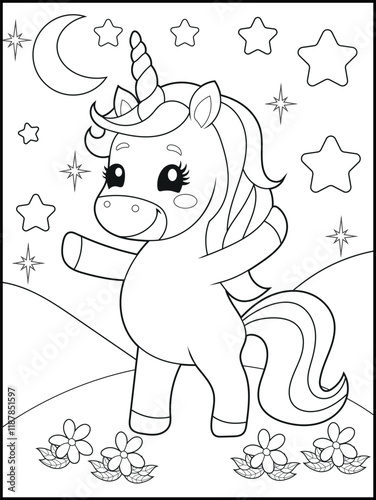 Black and White Unicorn Coloring Page for Kids. Cute, Hand-Drawn, Printable Activity Sheet with Cartoon Characters and Simple Doodles
