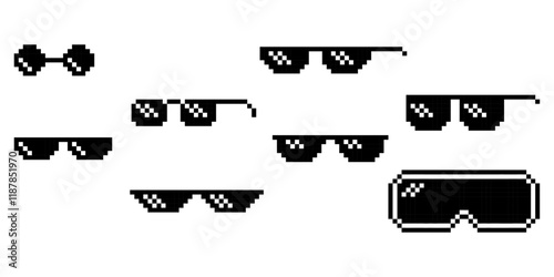 Sunglasses in pixel art style. Set of black glass.