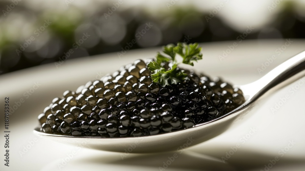 A spoonful of caviar garnished with parsley on a plate, highlighting luxury cuisine. A spoonful of caviar garnished with parsley on a plate, highlighting luxury cuisine.
