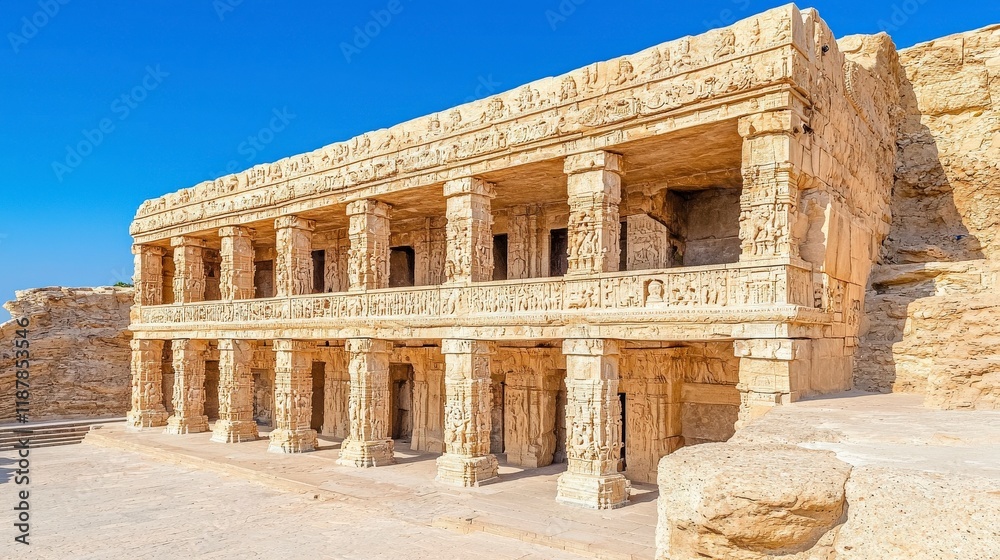 Obraz premium Ancient Stone Structure with Intricate Carvings Surrounded by Rugged Landscape under Clear Blue Sky