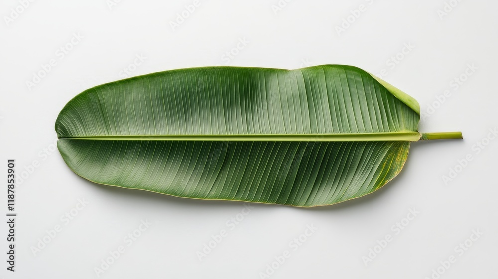 Vibrant green banana leaf with textured surface on white background Vibrant green banana leaf with textured surface on white background