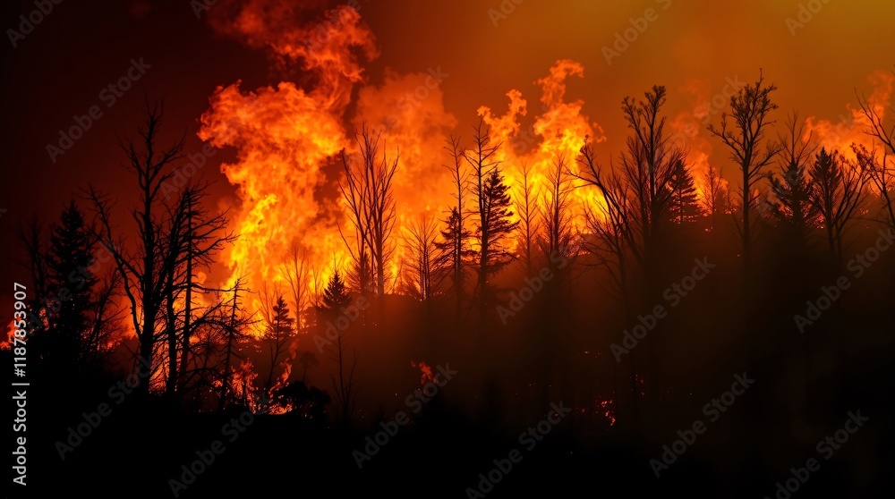 A powerful depiction of a fierce wildfire consuming a forest at night A powerful depiction of a fierce wildfire consuming a forest at night