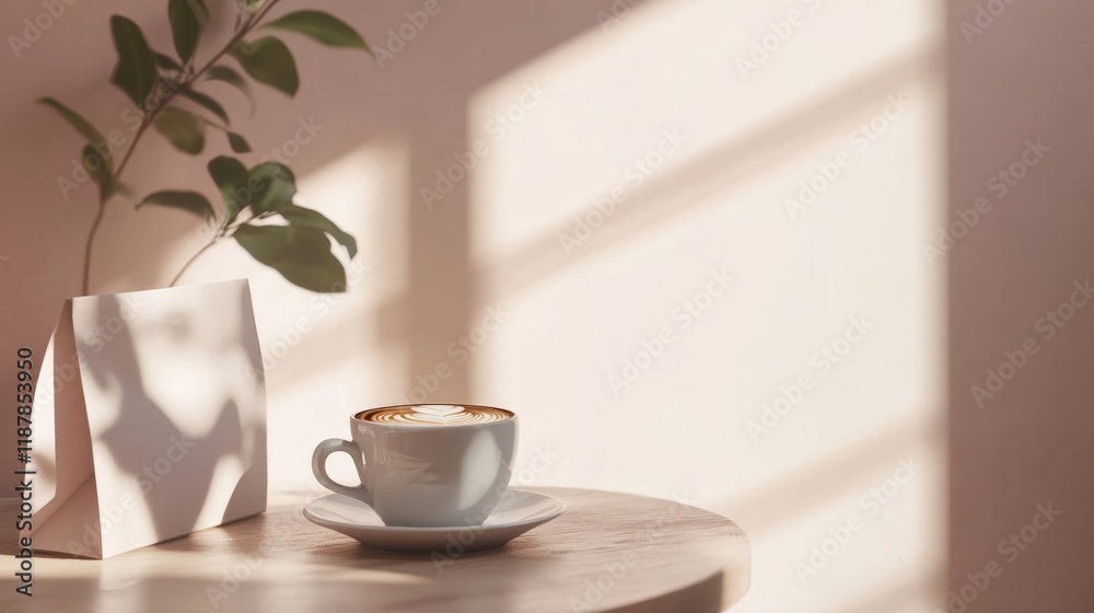 Blank paper bag mockup with a warm cup of coffee Blank paper bag mockup with a warm cup of coffee
