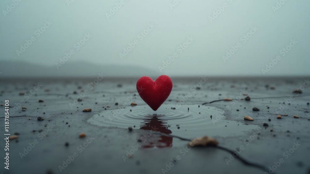 Fototapeta premium A small heart alone in a vast barren landscape, with light rain falling and ripples forming on the ground. The gray sky and emptiness symbolize loneliness and emotional isolation.