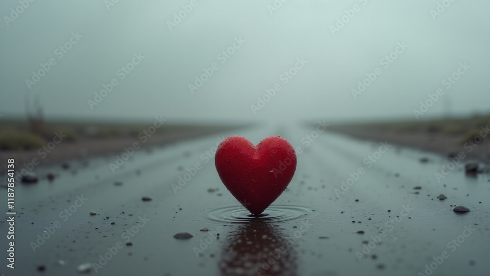 A small heart alone in a vast barren landscape, with light rain falling and ripples forming on the ground. The gray sky and emptiness symbolize loneliness and emotional isolation. A small heart alone in a vast barren landscape, with light rain falling and ripples forming on the ground. The gray sky and emptiness symbolize loneliness and emotional isolation.