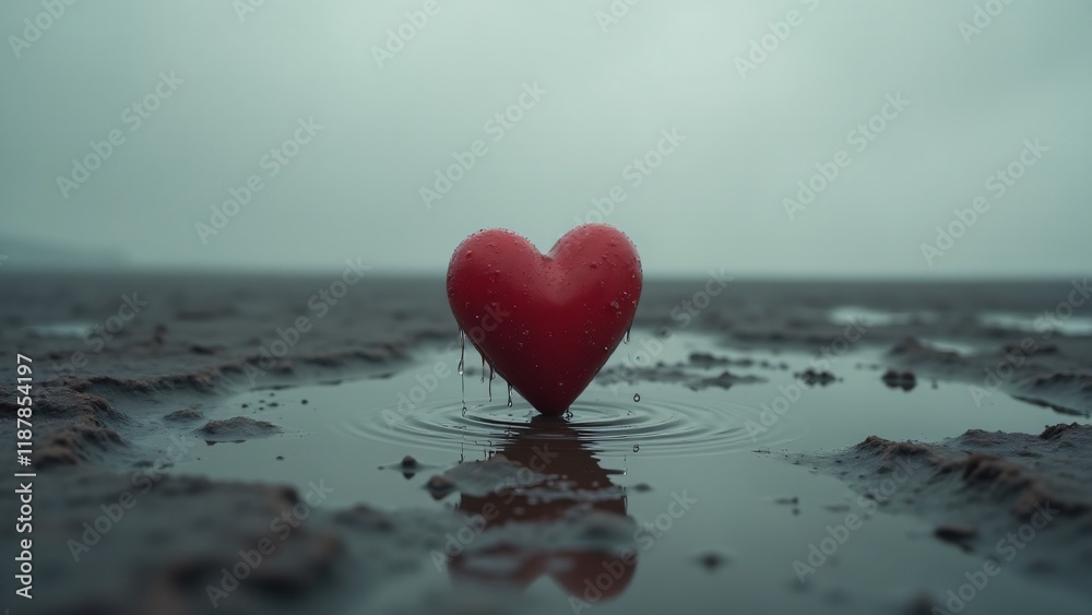 A small heart alone in a vast barren landscape, with light rain falling and ripples forming on the ground. The gray sky and emptiness symbolize loneliness and emotional isolation. A small heart alone in a vast barren landscape, with light rain falling and ripples forming on the ground. The gray sky and emptiness symbolize loneliness and emotional isolation.
