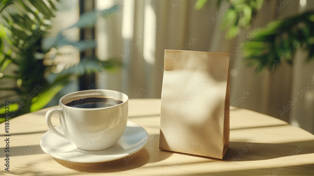 Coffee cup with paper bag mockup on wooden background Coffee cup with paper bag mockup on wooden background