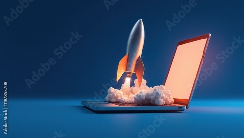 Rocket Launching From Laptop Screen Symbolizing Startup Success