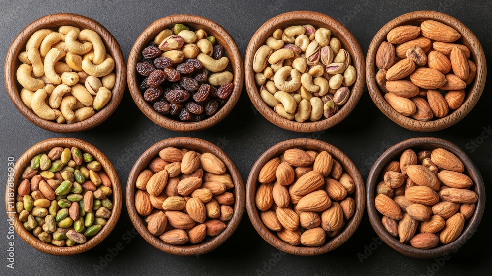 Assortment of nuts in wooden bowls Cashew hazelnuts walnuts pistachio pecans pine nuts peanut raisins Food mix background top view copy space banner