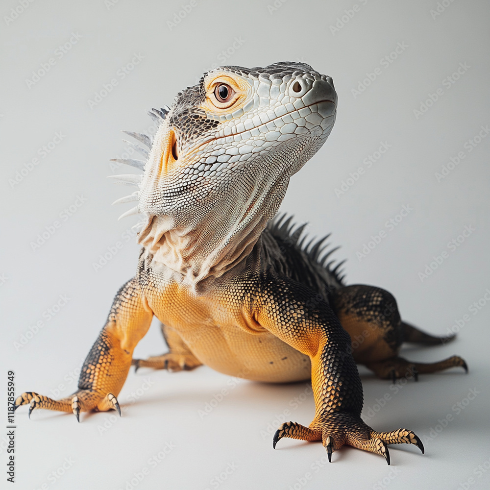 Obraz premium detailed portrait of lizard showcasing its vibrant colors and unique features. reptile is positioned on clean surface, highlighting its scales and striking appearance