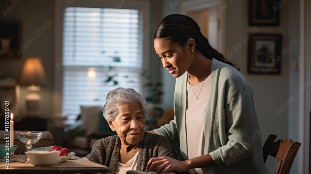 A compassionate home caregiver assisting a senior woman in a cozy living room, helping her with daily activities, A compassionate home caregiver assisting a senior woman in a cozy living room, helping her with daily activities,
