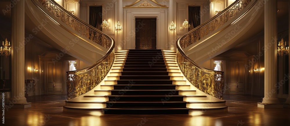 Obraz premium Grand staircase in a luxurious mansion with ornate railings and warm lighting.