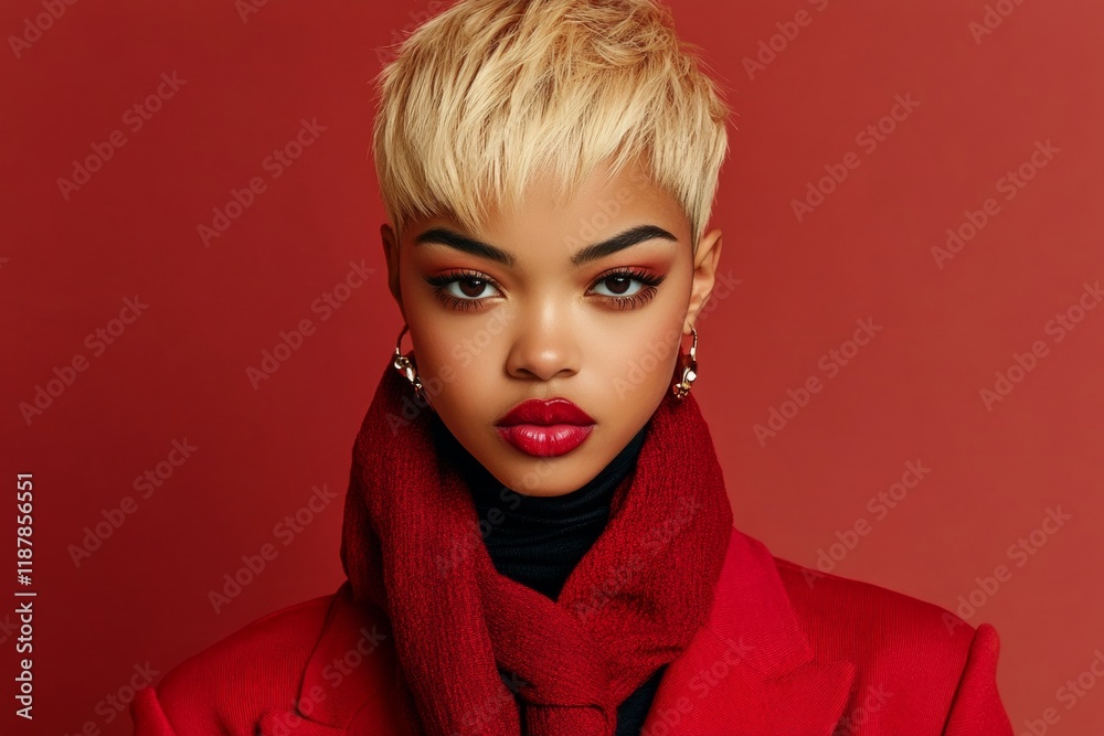 Commercial digital ads pattern art. Attractive calm mixed-race girl - for ads, avenue poster and digital marketing use. Short haircut - blond hair. Advertising african haircuts. Glam look. Commercial digital ads pattern art. Attractive calm mixed-race girl - for ads, avenue poster and digital marketing use. Short haircut - blond hair. Advertising african haircuts. Glam look.