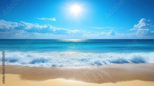 Wallpaper Mural Sunny beach scene with turquoise ocean waves gently lapping the shore. Torontodigital.ca