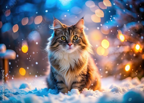 Cute Fluffy Cat Snow Play - Low Light Winter Kitten Photography
