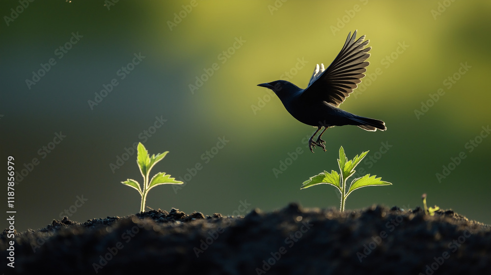 Obraz premium crow, black bird, young green sprout, young green plant, growth, life in the garden