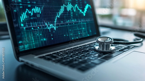 Health data analysis using technology with stethoscope on laptop during work hours