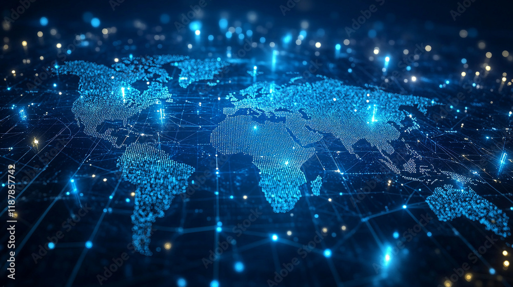 Digital world map displaying interconnected data points and glowing nodes across continents Digital world map displaying interconnected data points and glowing nodes across continents