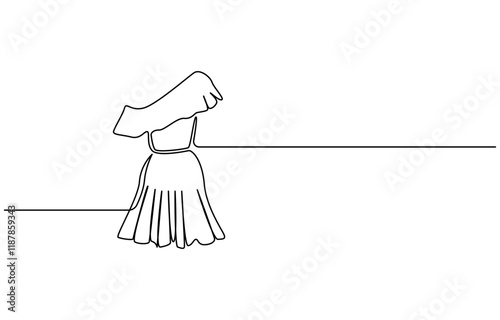 Fashion clothes symbol for bridal shop, Wedding dress in one continuous line drawing vector illustration