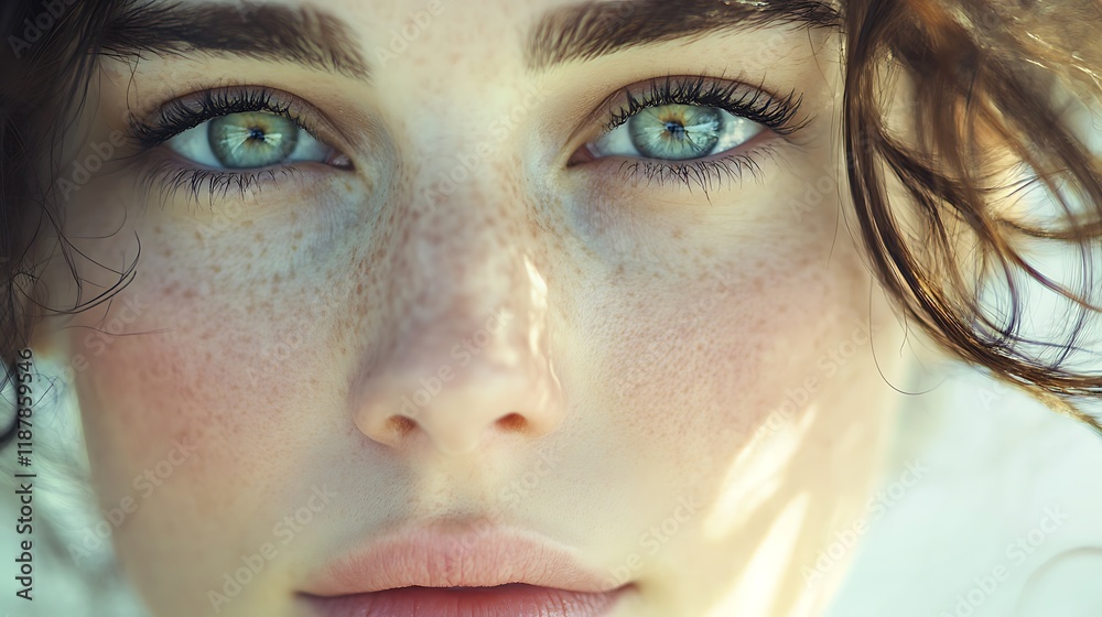 Fototapeta premium Close-up portrait of a young woman with freckles and green eyes.