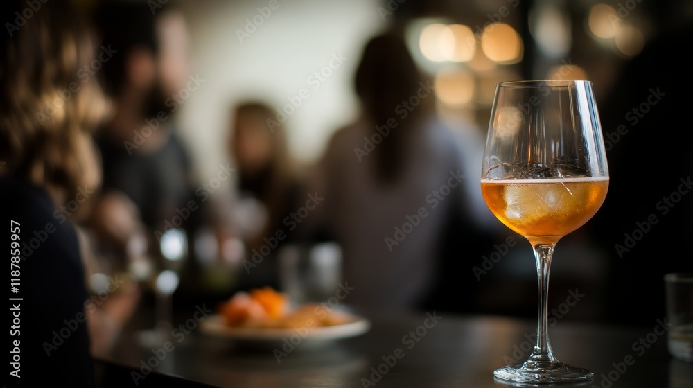 A vertical shot of a drink in a wine glass on the table with a blurred people in the background