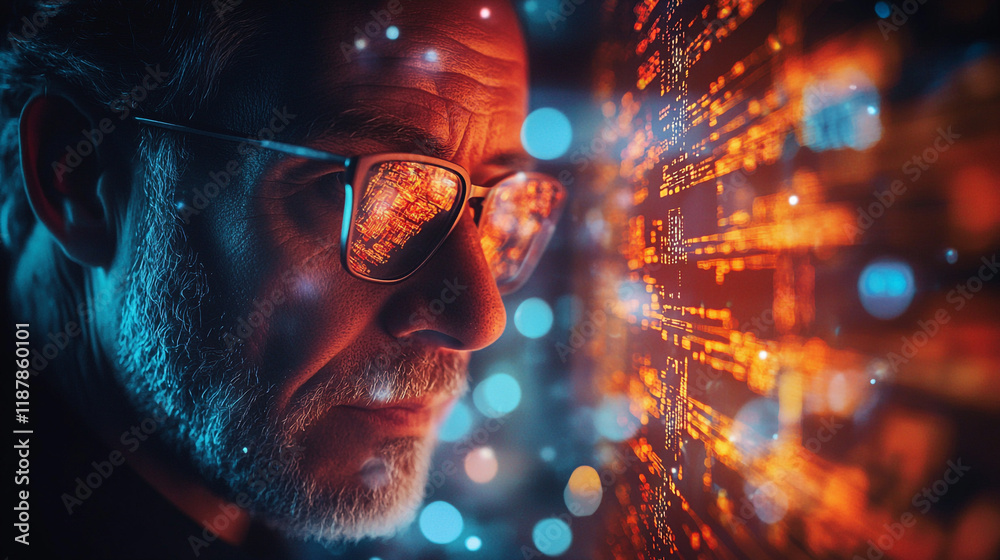 Elderly man analyzing digital data with illuminated screens in a modern tech environment
