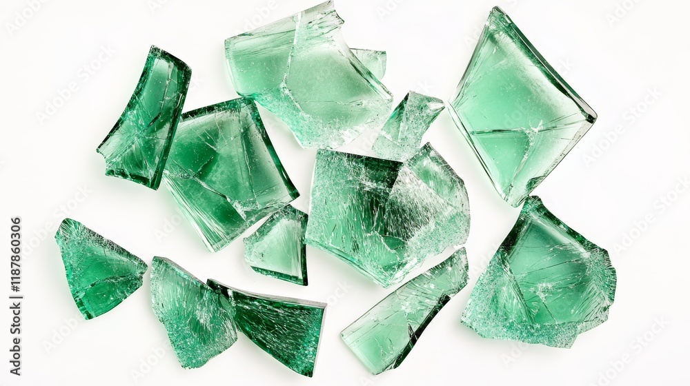 Pieces of green broken glass isolated on white background Top view Pieces of green broken glass isolated on white background Top view